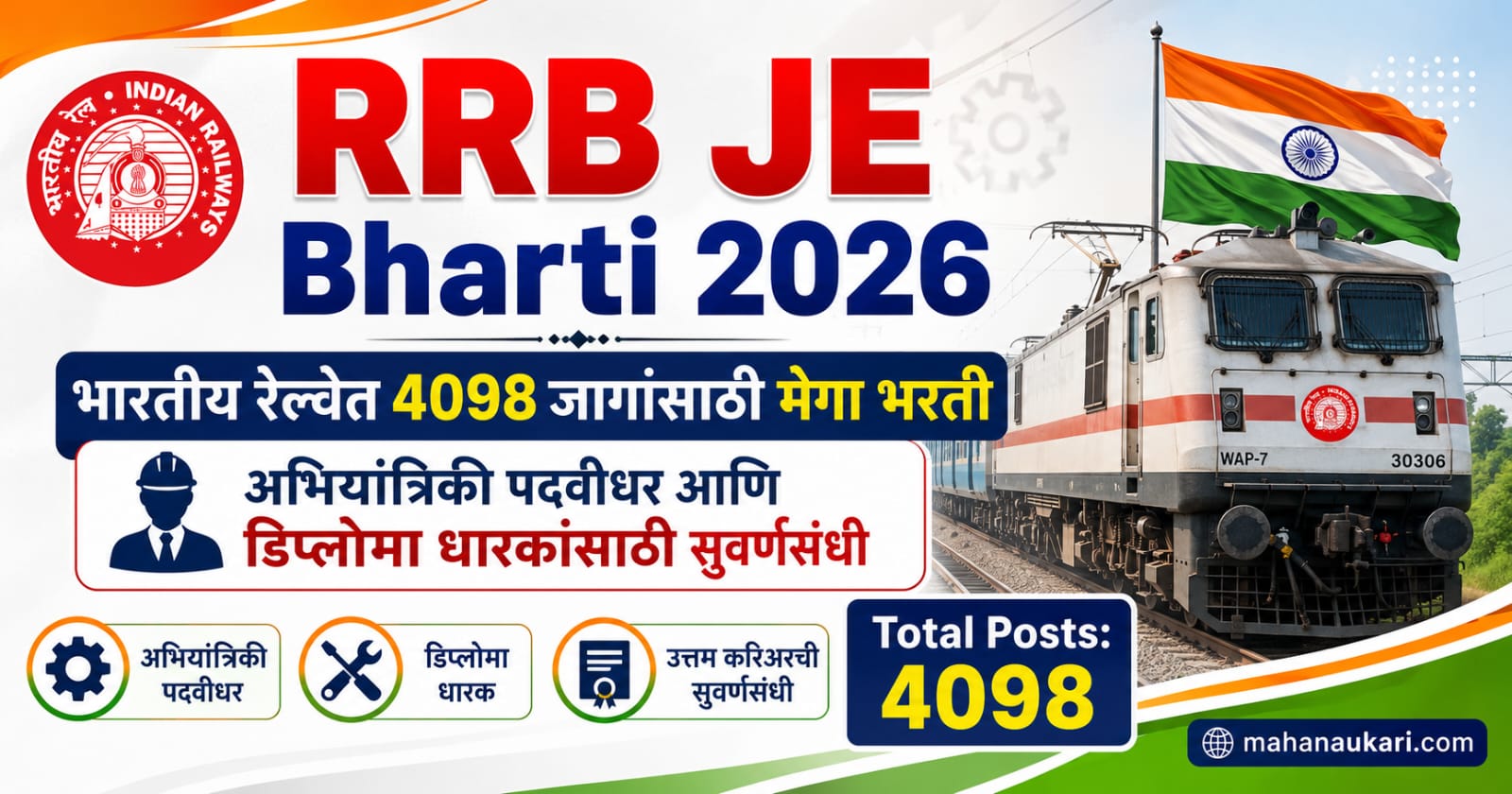RRB JE Bharti 2026 - 4098 जागांसाठी भारतीय रेल्वे भरती